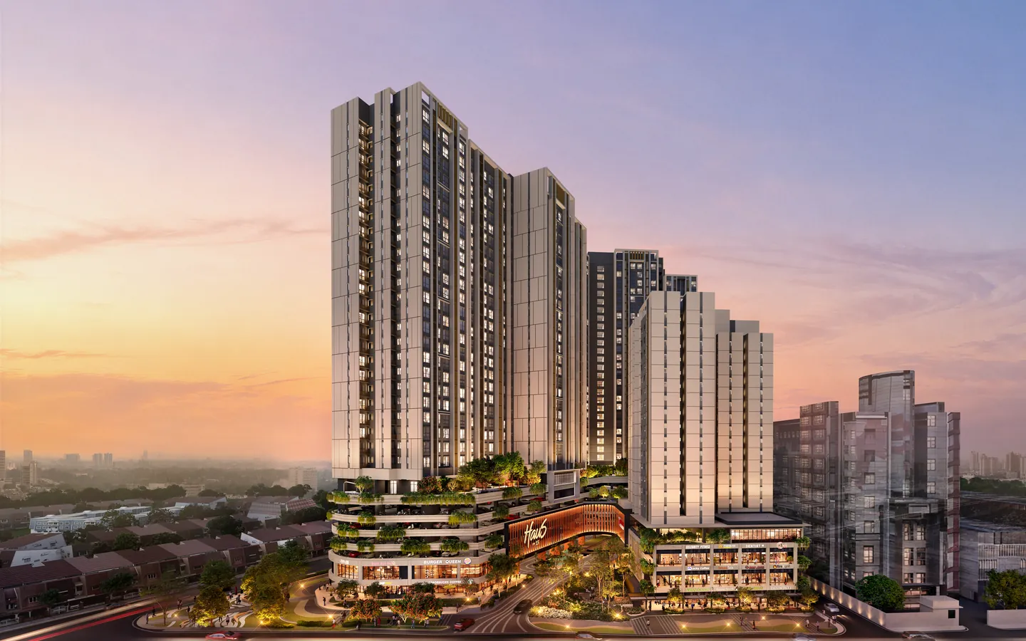 黄昏中的 Haus On 15：两座住宅塔楼立于层层绿化的裙楼之上，右侧为 C 座。