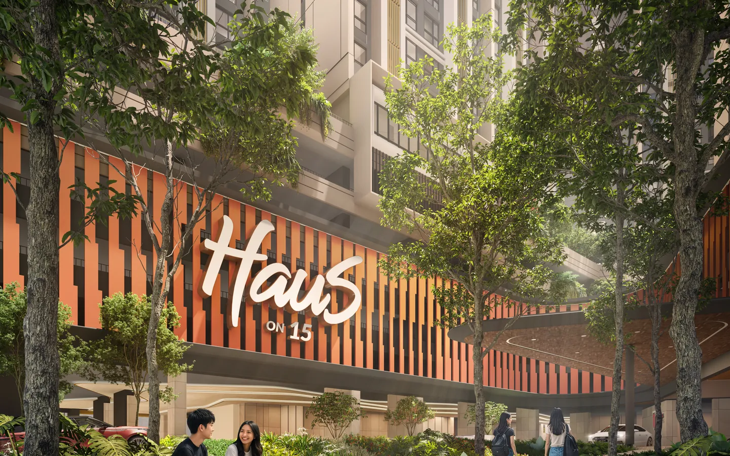 塔楼脚下绿树成荫的中央花园，远处的橙色格栅上是 Haus On 15 的标志。